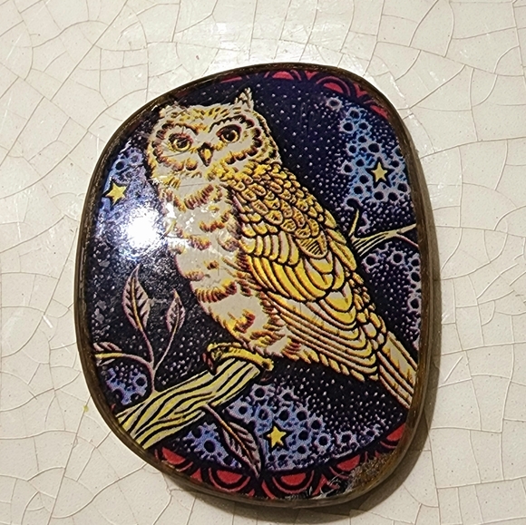 Handmade decoupage owl resin brooch - Picture 3 of 6